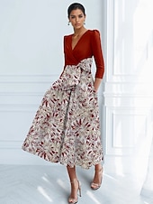 economico Abiti da cocktail-Abiti da cocktail a trapezio in jacquard floreale, eleganti, abiti da cerimonia, da sposa, lunghezza tè, lunghezza midi, maniche a 3/4, scollo a V, crêpe elasticizzata con fiocco(i), pieghe, tasca