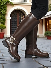 abordables Botas para montar-Botas de montar hasta la rodilla para mujer en color café con detalle de hebilla: botas clásicas de piel sintética de pantorrilla ancha para otoño, viajes y uso diario.