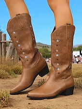 cheap Cowboy &amp; Western Boots-Women&#039;s Brown Western Cowboy Boots with Star Embroidery - Comfortable Block Heel Ankle Boots for Country Music Festivals, Outdoor Events, and Everyday Wear
