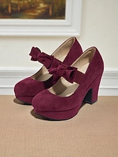 abordables Années 1950-Escarpins Mary Jane bordeaux à plateforme et nœuds pour femme – Chaussures rétro à talons hauts épais des années 1950 pour fêtes, cosplay et tenues d&#039;inspiration vintage