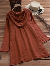 baratos Camisas-Mulheres Blusa Côr Sólida Casual Manga Longa Com Capuz Tops longos Diário Bolsos Botões Amarelo Vinho Fúcsia Cinzento Verão Outono