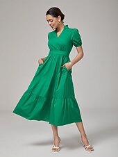 billiga Blommiga klänningar-Dam Vardagsklänning Grön Kort ärm Slät Puffärm Sommar Vår Höst V-hals Drottning Anne Elegant Modern XS S M