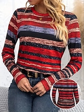 abordables T-shirt rayé et géométrique-Pâques Femmes T-shirt Graphique Plaid ancien Élégant Classique manche longue Col ras du cou Col rond Hauts Réguliers Quotidien Imprimé Rouge Marron Été Printemps Automne