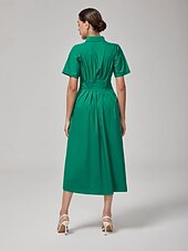 billiga Blommiga klänningar-dam maxiklänning vintage grön bomull veckad midja skjortkrage avslappnad elegant vår sommar höst
