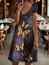 preiswerte Tiere kleiden-Damen Minikleid T-Shirt-Kleid A Linie Kleid Sommerkleid Urlaub Lässig Ferien Normale Passform Grafik Tiermotiv Schmetterling Kurzarm Rundhalsausschnitt Gelb Rote Blau Purpur Sommer Frühling