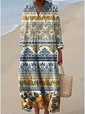 abordables Robe Boho-Femmes Robe maxi Robe d&#039;Été Robe trapèze Vacances Occasionnel Sortir Coupe Ample Fleuri Graphique Paisley manche longue Col en V Bleu Ciel Bleu marine Noir Orange Été Printemps Automne