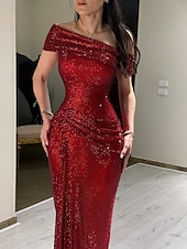 voordelige ROOD-Rode jurk met glinsterende kristallen, stretch mesh, zeemeermin/trompet avondjurk, elegante jurk, formele bruiloft, lange jurk, mouwloos, off-shoulder, kant met plooien, gerimpeld, 2025