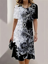 ieftine Tipăriți rochii florale-Pentru femei Rochii Midi Rochie imprimata Modă Modern Zilnic Petrecere ceai Ieșire Potrivire Largă Floral Abstract Manșon scurt Stil Nautic Negru Galben Albastru piscină Albastru Închis Vară Primăvară