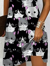 preiswerte Tiere kleiden-Damen Minikleid Freizeitkleid T-Shirt-Kleid A Linie Kleid Sommerkleid Urlaub Lässig Ferien Normale Passform Grafik Tiermotiv Katze Kurzarm Rundhalsausschnitt V Ausschnitt Schwarz und Weiß Gelb Rosa