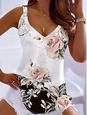 abordables Débardeur Floral-Femmes Chemise Chemisier Fleuri Graphique ancien Tropical Élégant Sans manches Bretelle Col en V Hauts Réguliers Quotidien Imprimé Noir et Blanc Bleu Bleu Ciel Été Printemps