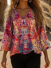 billige Kvinne Boho Topper-Dame Bluse Grafisk Paisly Bohem Årgang Stilfull 3/4 ermer V-hals Vanlige topper Daglig Svart Rød Blå Fuksia Grønn Sommer Vår Høst