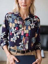 voordelige Vrouwen&#039;s Kunst &amp; Design Tops-Dames Blouse Geklede topjes Chiffon-topjes Grafisch Kleurenblok Elegant Dagelijks Stijlvol Lange mouw Overhemdkraag Normale tops Werk Dagelijks Knop Afdrukken blauw Olijf Smaragdgroen Bruin Regenboog