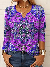 tanie T-shirt boho-Damskie Podkoszulek Graficzny Geometryczny Zabytkowe Elegancki Codzienny Długi rękaw Karbowana szyja Zwykłe topy Codzienny Nadruk Żółty Niebieski Fioletowy Pomarańczowy Lato Wiosna Jesień