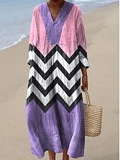 preiswerte Streifen- und geometrische Kleider-Damen Maxikleid Sommerkleid A Linie Kleid Urlaub Lässig Boho Party Ausgehen Strand Grafik Geometrisch Langarm V Ausschnitt Gelb Purpur Orange Sommer Frühling Herbst