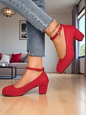 baratos Block Heels-Sapatos Mary Jane femininos de salto bloco vermelho - sapatos sociais de camurça sintética com bico redondo e tira no tornozelo, estilo vintage para escritório, festas e uso diário