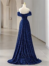 preiswerte BLAU-A-Linie Meerjungfrauenschnitt Abendkleid Elegant Kleid Formell Hochzeit Bodenlang Ärmellos Schulterfrei Paillettenbesetzt Rückenfrei mit Falten Paillette 2025