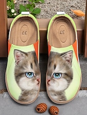 tanie Mokasyny i trzewiki damskie-Kolorowe, wsuwane buty damskie Cat by Kayomi Harai z nadrukiem kota – urocze, codzienne mokasyny dla miłośniczek kotów, idealne na co dzień, w podróż i na weekendowe wyjścia