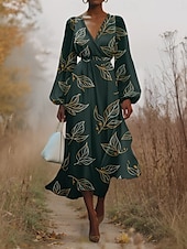 cheap Floral Dress-Women&#039;s Midi Dress Casual Dress Chiffon Swing Dress Modern Vacation Daily Weekend Regular Fit Floral Long Sleeve V Neck Blue Green Dark Blue Summer Spring Fall Autumn