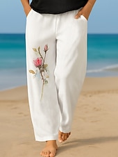 abordables jambe large et taille haute-Femmes Culottes Jambe Large Vacances ancien Style Ethnique Longueur complète Taille haute Fleuri Graphique Séchage Rapide Respirabilité Doux Non Elastique Formel Extérieur Vacances Noir Blanche Rose