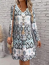tanie Sukienka w paski i geometryczna-Damskie Sukienka mini Codzienne sukienki Sukienka letnia Sukienka A line Elegancki Codzienny Regularny Graficzny Geometryczny Długi rękaw W serek Ice Blue Żółty Wino Brudny błękit Wiosna Jesień