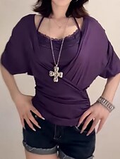 levne Krajkové topy-Dámské Krajková košile Pevná barva stylové Moderní Krátký rukáv Krk ohlávky Běžné topy Denní Dovolená Krajka Slátanina Černá Námořnická modř Fialová Léto