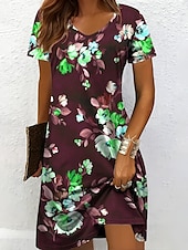 billiga Blommiga klänningar-Dam Mini klänning Vardagsklänning T shirtklänning Solklänning A linjeklänning Semester Ledigt Boho Strand Normal Blommig Grafisk Kortärmad V-hals Rubinrött Blå Purpur Brun Sommar Vår