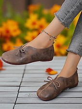 ieftine Mocasini de Damă-Balerini maro pentru femei cu vârf lat și accent de fundă – pantofi confortabili de inspirație vintage pentru plimbări de toamnă, întâlniri la țară și naveta zilnică
