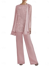 abordables Moins de 129,99 $-Tailleur-pantalon trois pièces robe mère de la mariée élégante col rond longueur sol polyester manches longues avec perles