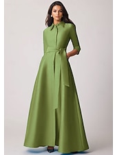 economico Vestiti da sera-Abito da sera a trapezio abito elegante matrimonio formale da ospite lunghezza a terra manica a metà collo a revers tasca chiffon satin con fiocco/i tasca a spalline