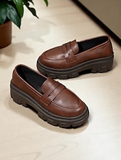 abordables Chaussures sans lacet et mocassins femme-Mocassins noirs épais pour femmes avec semelle plateforme - chaussures décontractées à enfiler tendance pour un usage quotidien, au bureau et en week-end