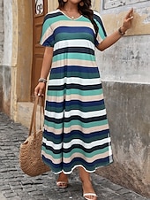 abordables Robes Rayés et Géométriques-Femmes Robe maxi Robe trapèze Occasionnel Extérieur Plage Coupe Ample Rayure Manche Courte Col en V Rose Claire Rouge Bleu Violet Été Printemps