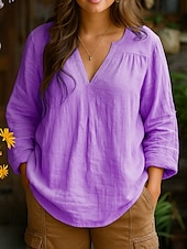 economico Camicie-Per donna Camicia Semplice Quotidiano Manica Lunga Scollo a V Top Regolari Lavoro Ferie Arricciato Giallo Rosa Blu Viola Primavera Autunno