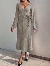 abordables Robes en tricot-Femmes Robe Midi Robe Tricot Robe Décontractée Mode Moderne Quotidien Date Week-end Coupe régulière Uni manche longue Col en V Kaki Automne Hiver