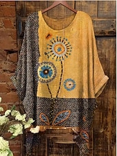 billige Kvinne Boho Topper-Dame Bluse Grafisk Geometrisk Elegant Bohem Årgang Kortermet Flaggermusermer Crew-hals Vanlige topper Daglig Ferie Strand Klær Trykt mønster Grønn Og Blå Gul Rosa Lysebrun Blå Sommer Vår