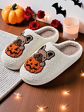 tanie Dla kobiet-damskie kapcie polarowe na Halloween z motywem buldoga francuskiego i dyni - wygodne pluszowe kapcie domowe dla kobiet i nastolatek, idealne na jesień, jako prezent świąteczny i do wygodnego