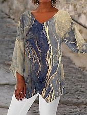 billige Kvinnenes Kunst &amp; Design Topper-Dame Bluse Nyanse Grafisk Abstrakt Årgang Tropisk Stilfull 3/4 ermer V-hals Vanlige topper Daglig Ferie Trykt mønster Himmelblå Dusty Blue Lys Lilla Sommer Vår Høst