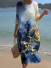 abordables Art &amp; Design Robe-Femmes Robe Midi Robe Décontractée Robe Imprimée Mode Moderne Quotidien Plage Week-end Coupe régulière A Ombre Fleuri Manche 3/4 Col ras du cou Bleu Roi Bleu Vert Printemps Automne