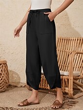 economico Pantaloni in lino e cotone semplici-Per donna Pantaloni in cotone e lino Chinos Moda Essenziale Lunghezza intera Vita Alta Semplice Tasca Coulisse Comodità All&#039;aperto Micro-elastico Vacanza Streetwear Quotidiano Esercito verde Nero Blu