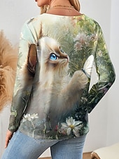 abordables T-shirt Animaux-T-shirt femme col rond à manches longues tunique florale graphique chat vintage stylé classique cols ronds hauts réguliers quotidiens week-end impression vert printemps automne