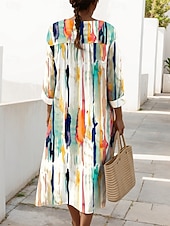 abordables Art &amp; Design Robes-Femmes Robe Midi Robe d&#039;Été Robe trapèze Vacances Occasionnel Quotidien Graphique Géométrique manche longue Col en V Bleu marine Jaune Vert Beige Été Printemps Automne