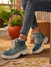 cheap Combat Boots-Women&#039;s Tie-Dye Canvas Work Boots with Chunky Sole – Casual Lace-Up Outdoor Boots for Harvest Festival, Farm Work and Fall Outings
