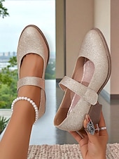 ieftine Block Heels-Pantofi Mary Jane cu toc bloc și sclipici pentru femei – tocuri joase aurii confortabile, cu bareta cu velcro, pentru purtare zilnică, evenimente școlare și ținute de inspirație retro