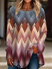 billige Stripe og geometrisk t-skjorte-Dame T skjorte Grafisk Geometrisk Årgang Stilfull Fritid Langermet Crew-hals Lange topper Daglig Trykt mønster Vin Blå Brun Vår Høst