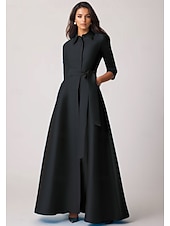 economico Vestiti da sera-Abito da sera a trapezio abito elegante matrimonio formale da ospite lunghezza a terra manica a metà collo a revers tasca chiffon satin con fiocco/i tasca a spalline