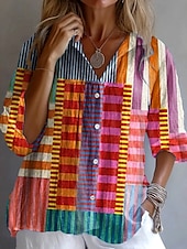 preiswerte Damen Streifen- und geometrische Oberteile-Damenhemden Langarm Blusen mit Knopfverschluss Grafik Geometrisch Gestreift Vintage Tropisch Alltag Hemd Kragen Reguläre Oberteile Arbeit Alltag Urlaub Knöpfe Print Regenbogen Sommer Frühling Herbst