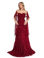 baratos Vestidos de Noite-Vestido de Festa de Sereia  Trompete Elegante Vestido Formal de Baile com Cauda Sem Mangas Gola Coração em Tule com Pregas e Xale