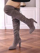 abordables Bottes à la mode-bottes cuissardes en daim gris pour femme à talons hauts - bottines cuissardes chics et élégantes pour les sorties à la mode et les tenues de soirée