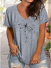 billige Dyrene tee-Dame T skjorte Grafisk Dyr Dragonfly Årgang Stilfull Klassisk Kortermet V-hals Vanlige topper Daglig Ut på byen Helg Trykt mønster Svart Rosa Rød Blå Grå Sommer Vår