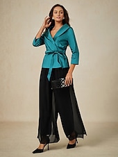 preiswerte Hosenanzüge für Mama-Zweiteilig Brautmutterkleid Elegant V Ausschnitt Knöchellänge Taft Dreiviertelarm mit Schärpe / Band Schleife(n) 2025