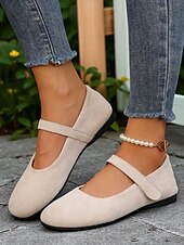 preiswerte Ballerinas für Damen-Beige Mary-Jane-Ballerinas mit weiter Spitze für Damen – bequeme Schuhe aus weichem Wildlederimitat für Freizeitausflüge, Spaziergänge im Garten und den Alltag